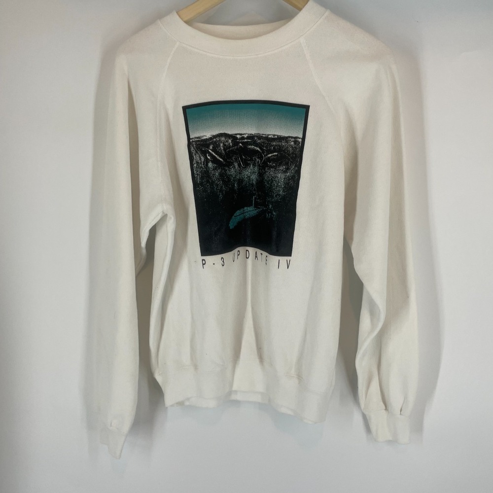 VTG Hanes P-3 Update IV Submarine Whales Graphic USA Sweatshirt White L 42-44